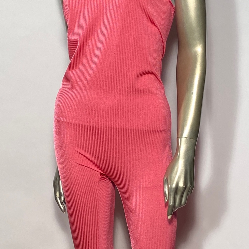 1980s Pink Ribbed Jumpsuit Nylon Lycra Medium